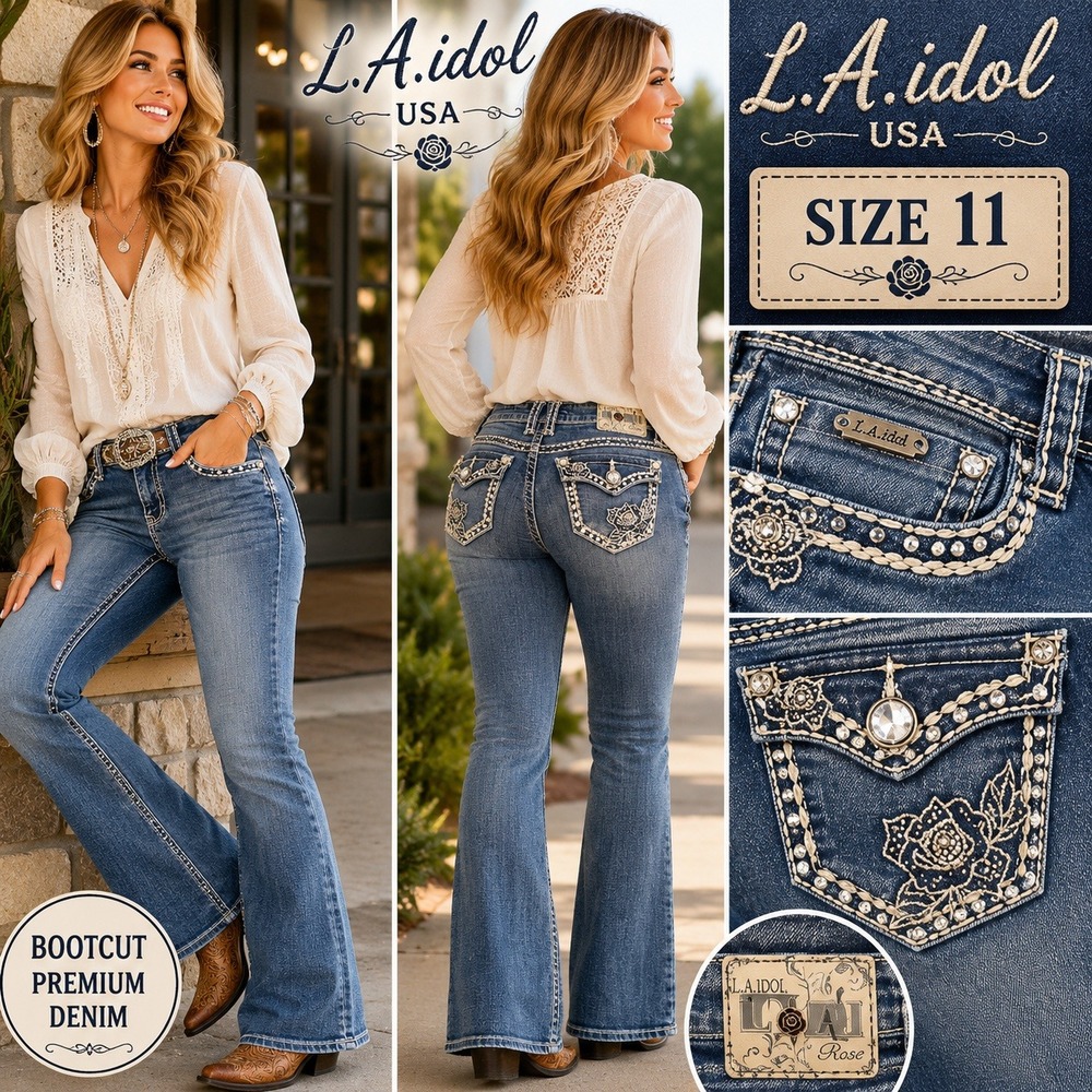 LA Idol USA Womens Bootcut Jeans Size 11 Medium Wash Rhinestone Rose Embellished